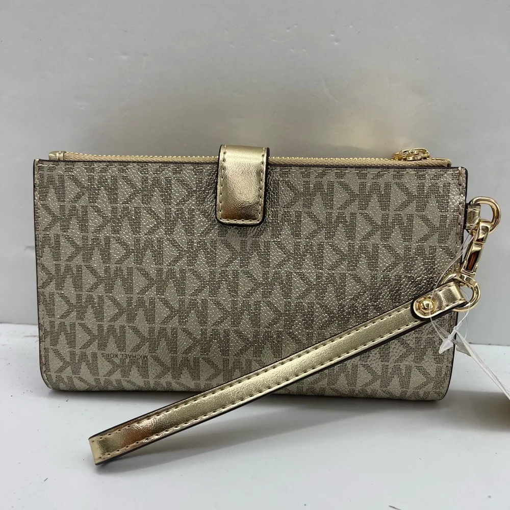 MICHAEL KORS Jet Set Travel Lg Double Zip Signature Logo Wristlet Wallet Pale Gd